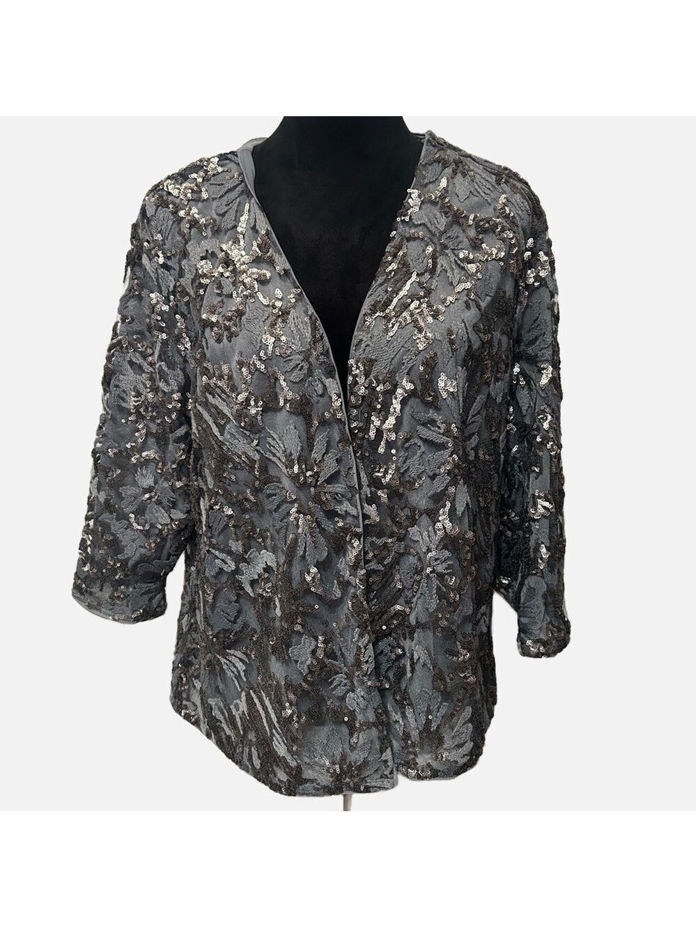 Chicos 3 Women’s Sequin Embroidered Bolero Jacket Gray Granny Core Boho Party